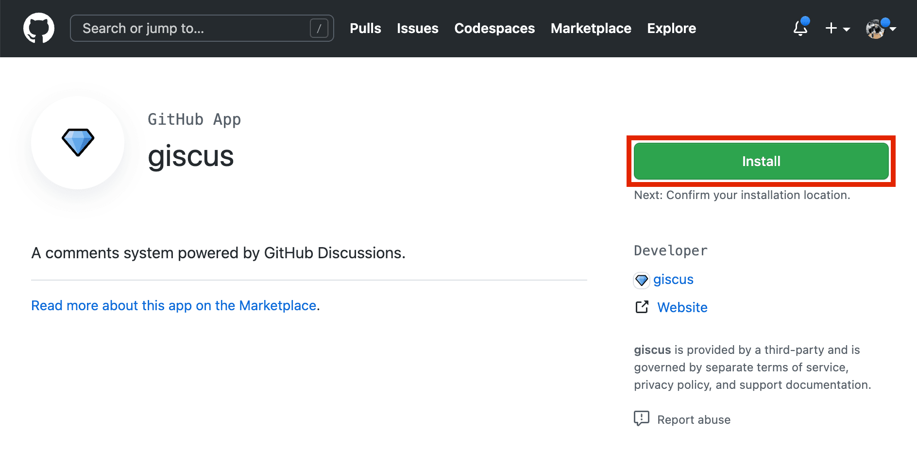 Install giscus app