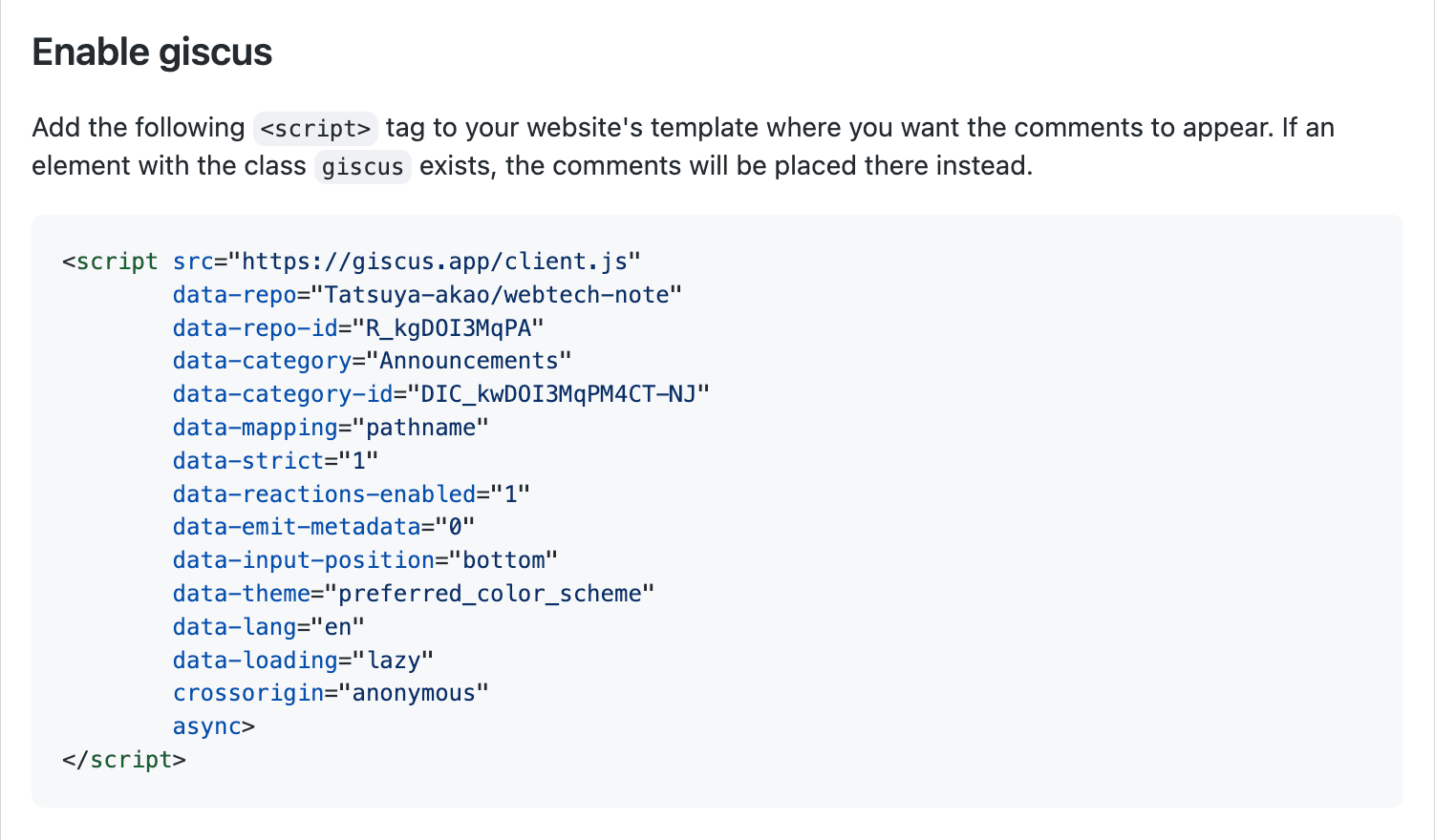 Enable giscus using the script tag