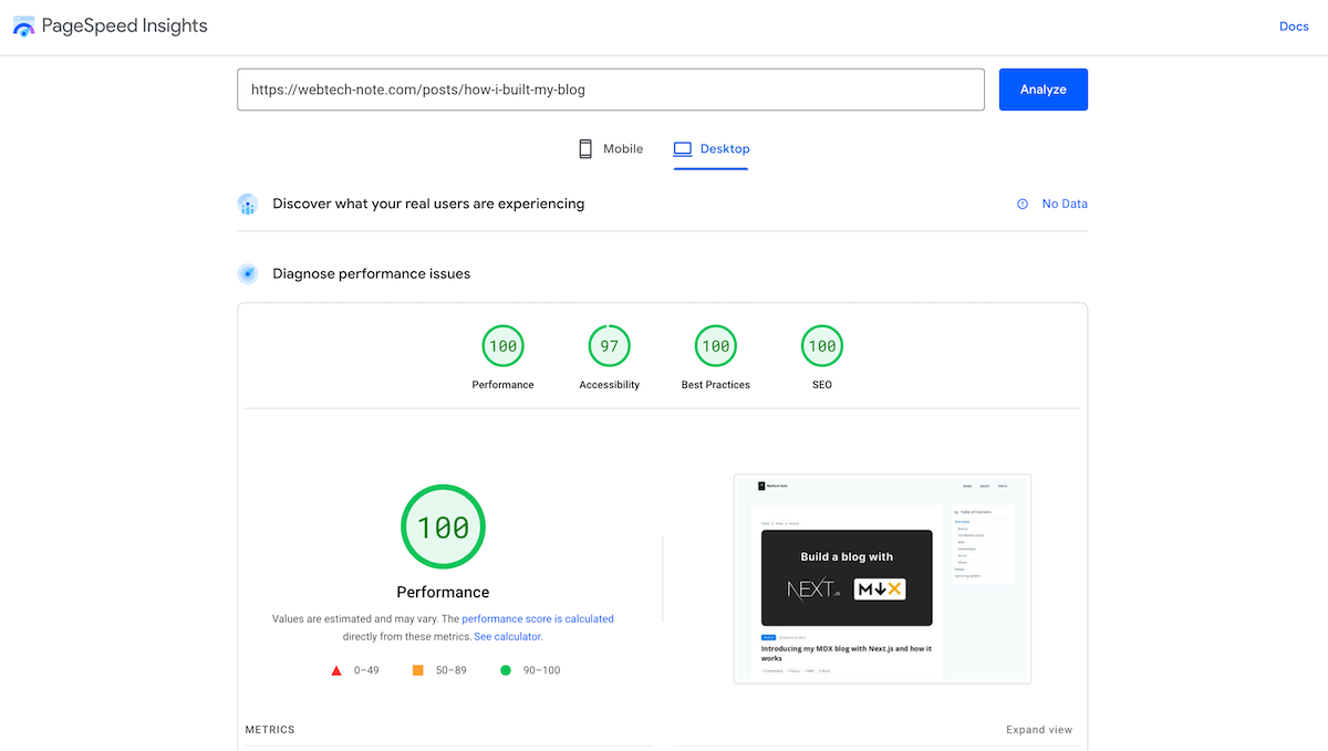 The result of PageSpeed Insights